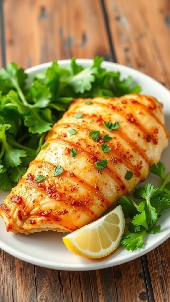 Juicy air fryer chicken breast on a plate with salad and lemon, garnished with parsley.